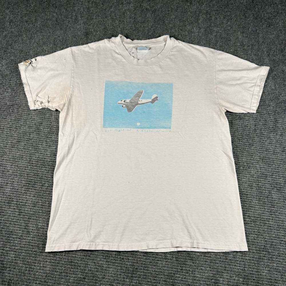 Vtg Hanes Graphic Tee Mens L White Fair Distressed Last Flight Out Airplane
